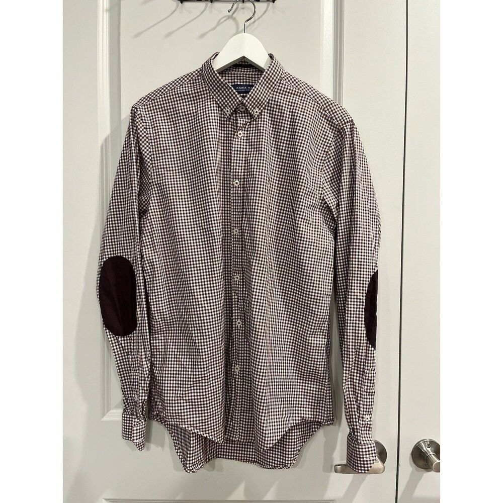Zara Man Slim Fit Brown White Check Long Sleeve Button-Down Shirt 42 - A1